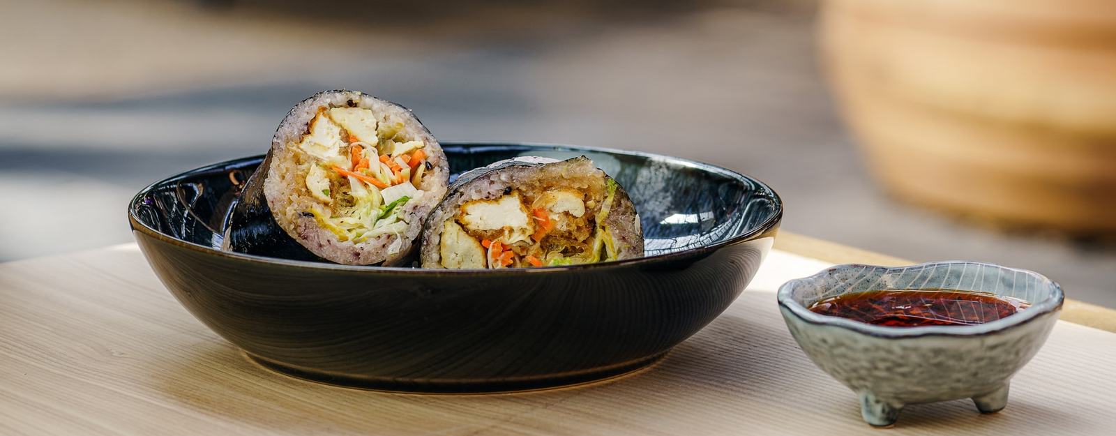 Vegan Sushi Rolls with Crispy-Fried Tofu + Spicy Vegan Mayo